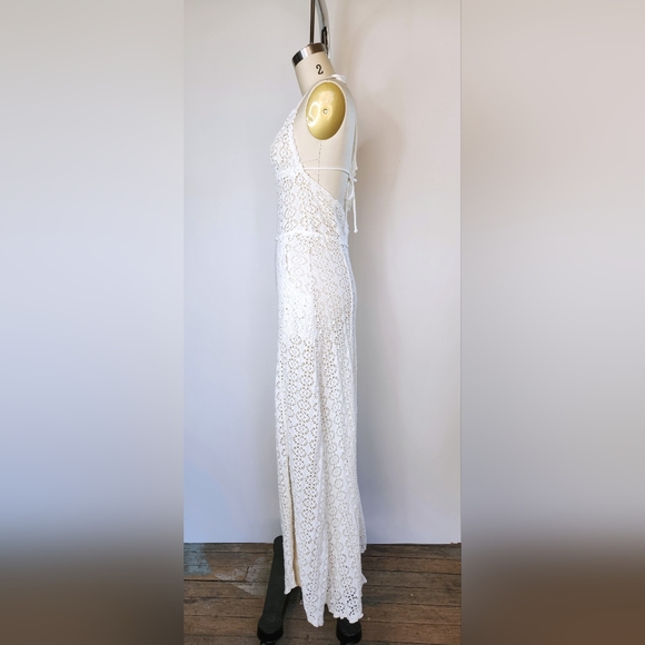 Free People Lace Ivory Jumpsuit Halter See Through Pockets Wide Legs w/ Slits S - Picture 15 of 15